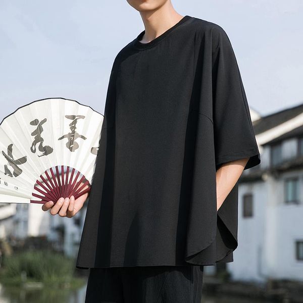 Erkek Tişörtleri 115kg Büyük Boyut İpek Yarasa Kol T-Shirt Siyah Bluz Gevşek 2023 Yaz Üstleri Kore Moda Stout Tee için Olağandışı Giysiler