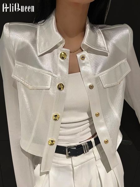 Moletons femininos moletons femininos coreanos com fivela de metal irregulares jaquetas de cetim cropped tops femininos pretos roupas de proteção solar casacos brancos jaquetas combinadas 230616