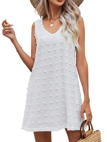 Damen-Tanks, lockeres Minikleid mit V-Ausschnitt, ärmellos, Swiss Dot, kurzes fließendes Tank-Swing-Kleid, Sommer-Strand-Cover-Up-Sommerkleid, Weiß