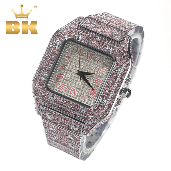 Relógios Femininos THE BLING KING Relógios Masculinos Femininos Square Dail Iced Out Rosa Azul Diamante Quartzo Relógio de Pulso Luxo Relógio Romano Relogio Masculino 230615