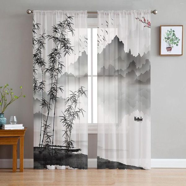 Cortina tinta chinesa pintura de paisagem bambu tule sheer cortinas de janela para sala de estar cozinha crianças quarto voile pendurado