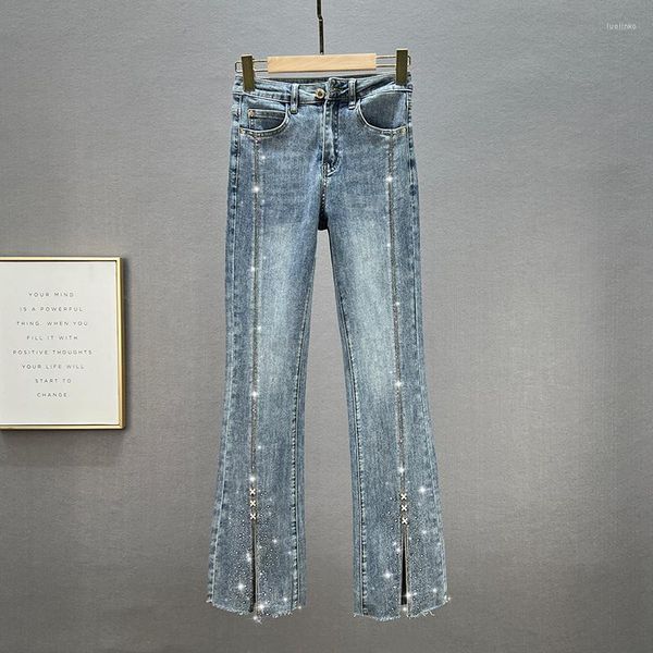 Женские джинсы для женщин 2023 Весеннее стразы Слаза Мод Сплит Брюки