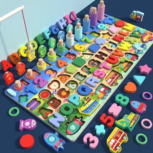 Quebra-cabeças 3D Madeira Montessori Brinquedos Fruta Alfabeto Digital Tráfego Animal Figura Quebra-Cabeça Combinando Pré-escolar Ocupado Placa Educacional Crianças 230616