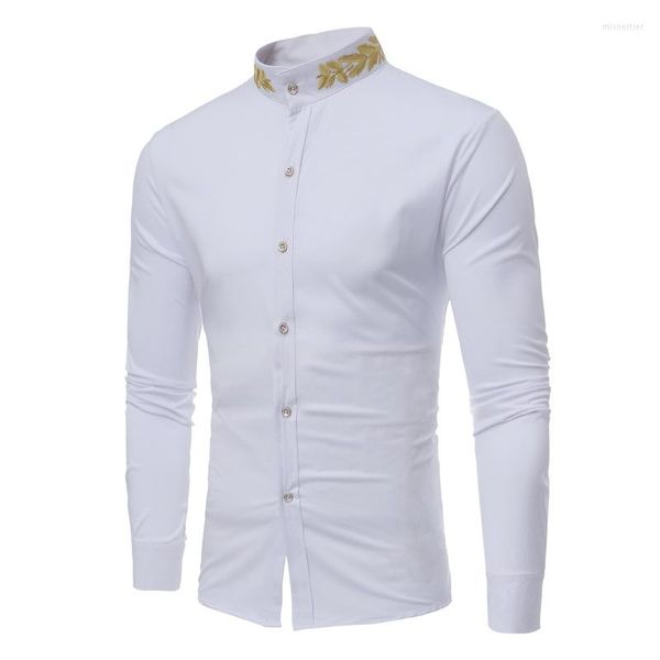 Camisas casuais masculinas chegada 2023 camisa branca para homens manga longa gola mandarim botão para baixo com bordado primavera formal homem