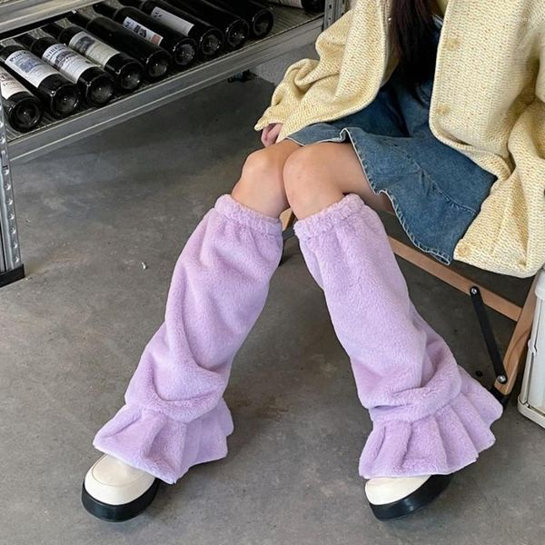 Meias femininas roxas de pele de pelúcia inverno quente bota Harajuku punhos mais quentes JK Lolita conjuntos de meias coxa liga