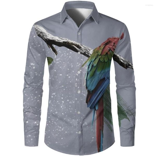Camisas masculinas casuais confortáveis e macias para a pele masculina havaiana com estampa de papagaio cardigã de manga comprida para todos os jogos com lapela