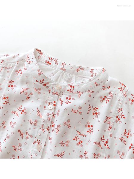 Camicette da donna Lamptrip Sweet Red Little Flowers Stampa Morbido filato di cotone Manica corta a lanterna Camicia con colletto alla coreana Top 2023 Estate