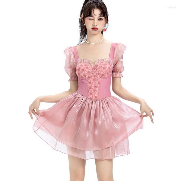 Roupa de banho feminina princesa manga bufante maiô peça única flor bordada roupa de praia rosa lolita babado vestido de banho maiô dropship