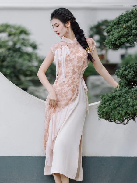 Partykleider 2023 Frauen Sommer Chinesischen Stil Retro Rosa Verbesserte Cheongsam Junges Temperament High-end Französisch Hosenträger Kleid Kittel