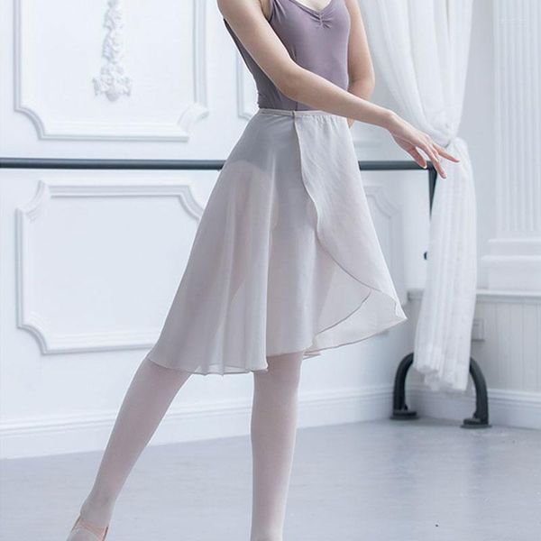 Roupas de palco Adultos Mulheres Ballet Dance Saias Chiffon Lyrical Soft Vestido Cinza Branco Trajes Translúcidos