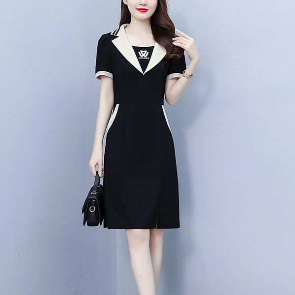 Vestidos de Festa Verão Feminino Elegante Midi Vestido Terno Gola Manga Curta Casual Tamanho Grande Cintura Alta Preto Linha A Vestidos Roupas Femininas