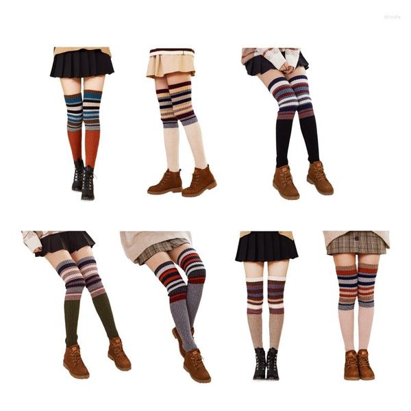 Meias femininas inverno quente moda listrada até o joelho cano alto polainas meninas presente leggings meias mais quentes