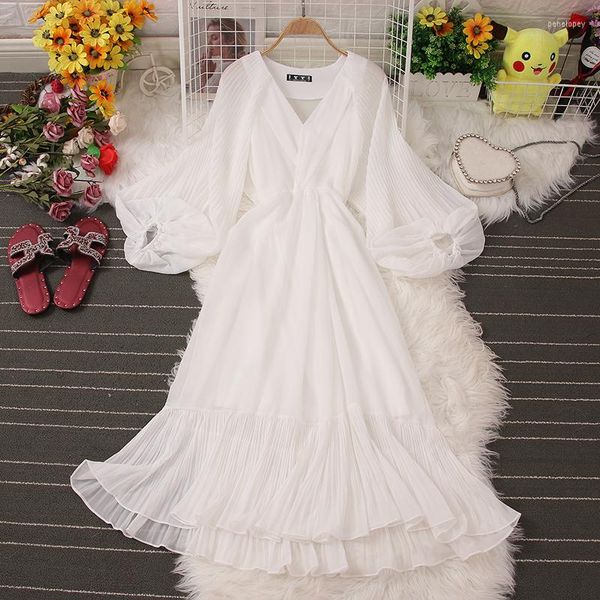 Casual Kleider Fee Kleid Frauen Rüschen Langarm Weiß Midi Elegante Chiffon Frau Herbst Kleidung Mori Mädchen Party 2023 Boho