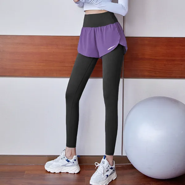 Nuovi pantaloni da yoga Collant a compressione traspirante ad asciugatura rapida da donna Fitness Running Pantaloni sportivi in due pezzi finti