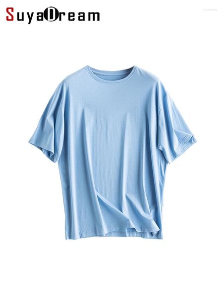 T-shirt da donna SuyaDream T-shirt comode da donna in lino di seta sciolto in cotone tinta unita 2023 Primavera Estate Top semplice blu bianco