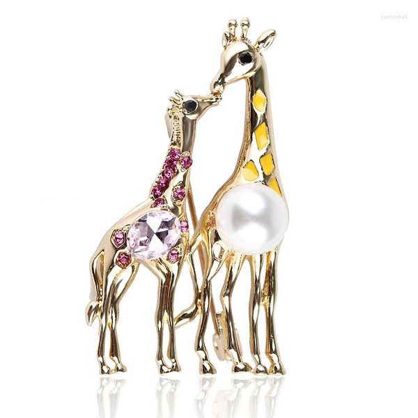 Spille Coppia di giraffe in smalto di cristallo per le donne Spilla animale carino Gioielli color oro Cappotto per bambini Accessori per abiti Regalo