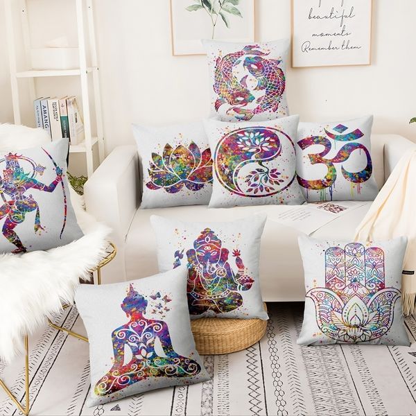 Cushiondecoratif Yastık Zen Yoga Sanat Suluboya Boyama Baskılı Yastık Kılıfı Ev Dekorasyonu Almofadas Decorativas Para Kanepe Atma 4545 230615