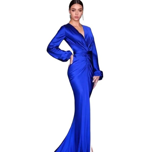 Simples Mangas Compridas Cetim Sereia Vestidos de Noite Frente Dividido Azul Royal Vestido Especial para Ocasiões Femininas Pregas com Decote em V Vestido de Baile Plus Size