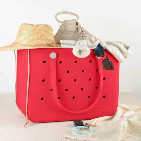 HEISSE 2-Größen-Strandtaschen Seaside Rubber Eva Designer-Tasche mit Loch, wasserdichte Einkaufstaschen, langlebige, offene Silikon-Einkaufstasche für Outdoor-Pool-Sportarten 230320