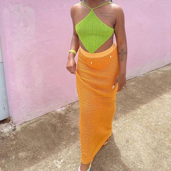 Saias Summer Knit Maxi Beach Holiday Midi Skirt Women Vacation Transparent Sexy Bodycon Slim Long Y2K Streetwear