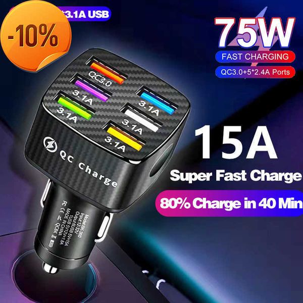 Novo 75W Universal 6 Portas USB Car Charger QC 4.0 15A Mini Fast Charging For iPhone Xiaomi Huawei Mobile Phone Charger Adapter in Car