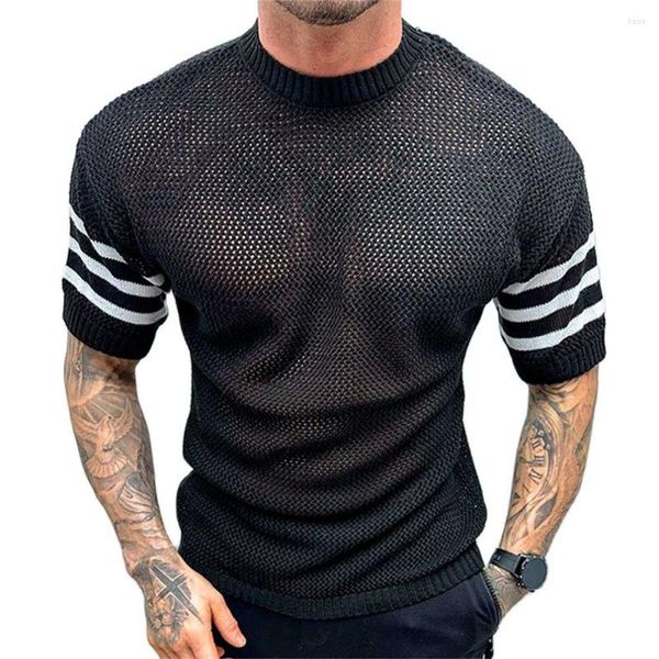 Herren T-Shirts Sommer 2023 Mode Europa-USA Stil Strickwaren Männer Oansatz Brief Jacquard Hollow Out Kurzarm Strick T-Shirt Schwarz/Weiß