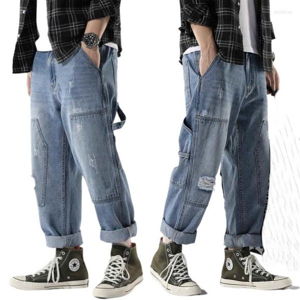 Мужские джинсы мужчины нищий большой карман, разорванная уличная одежда для джинсовой брюки коллаж, укороченный прямая лодыжка