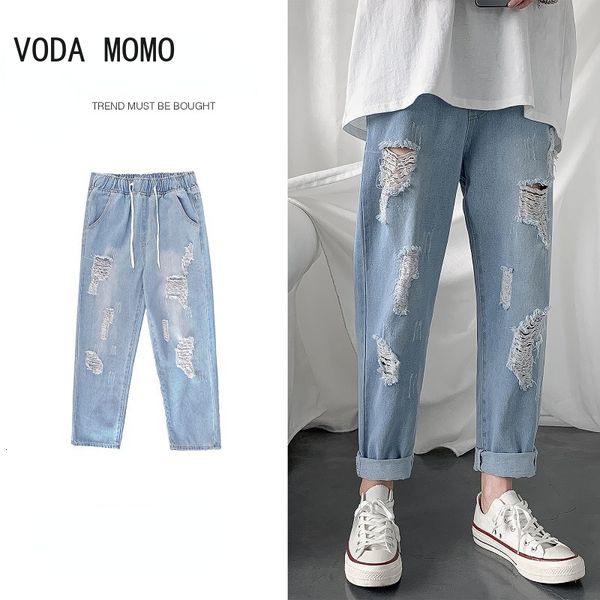 Jeans Masculino Verão Slim Fit para Streetwear Designer Coreano Calças Homme Denim Desgastadas Regulares Hip Hop Hole Calças 230615