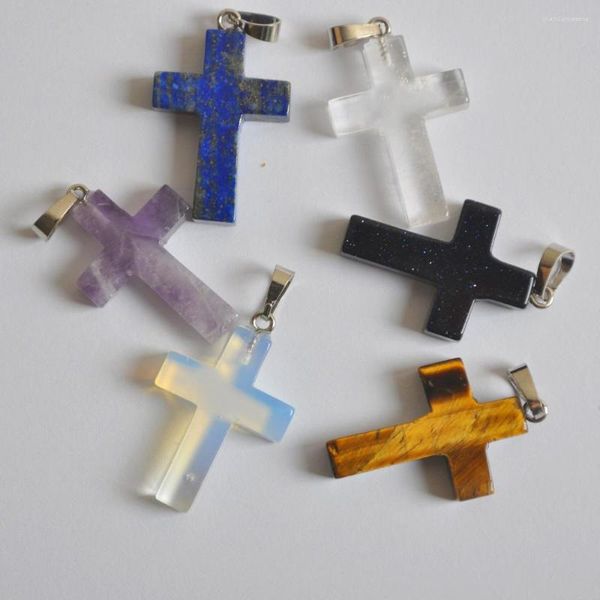 Anhänger Halsketten Natürlicher Lila Kristall/Lapis/Tigerauge/Blauer Sandstein/Klarer Kristall/Opalstein GEM Kreuz Modeschmuck 1PCS S3067-S3072