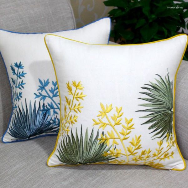 Fodera per cuscino ricamata Federa decorativa in cotone e lino Cojines Country Style Garden Leaf Yellow Blue Coussin Sofa Decor