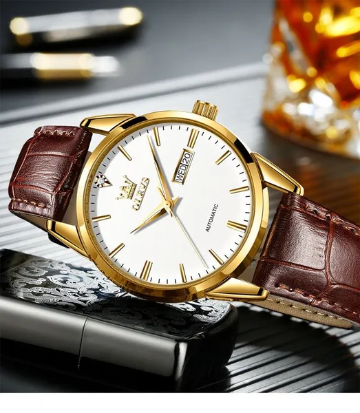 A21J Autoamtic Day and Date Mens Watch Cassa in oro giallo 18 carati QUADRANTE bianco Indicatori a bastoncino Cinturino in pelle marrone Made In China C3