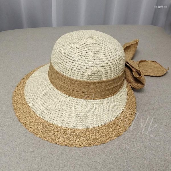 Breite Krempe Hüte Sommer Frauen Großen Bogen Strohhut Tragbare Faltbare Frühling Traufe Strand Outdoor Hand Woven Einfarbig Sonne großhandel