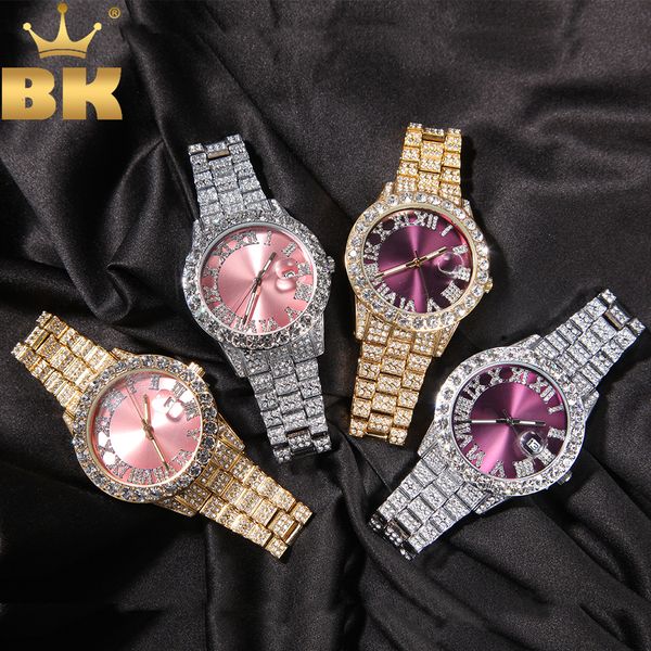 Relógios femininos THE BLING KING Relógios masculinos Rosa Roxo Azul Mostrador Iced Out Relógio de quartzo Relógios de pulso à prova d'água de negócios de luxo 230615