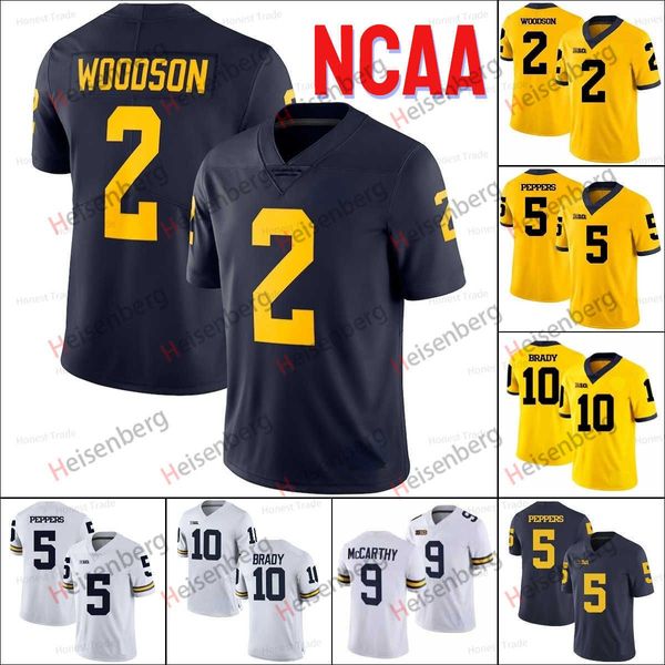 NCAA Michigan Wolverines 9 JJ McCarthy Jersey 2 Woodson 10 Tom Brady 97 Aidan Hutchinson Peppers College Football cucita Giallo Blu Bianco Uomo