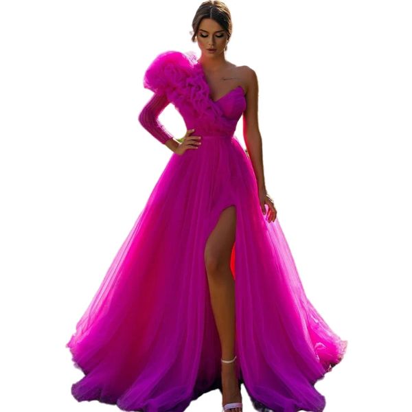 Fuchsia Langarm-Abendkleider, One-Shoulder-Rüschen, Tüll, Damen-Abschlussballkleid in A-Linie, hoher Seitenschlitz, formelles Kleid für besondere Anlässe