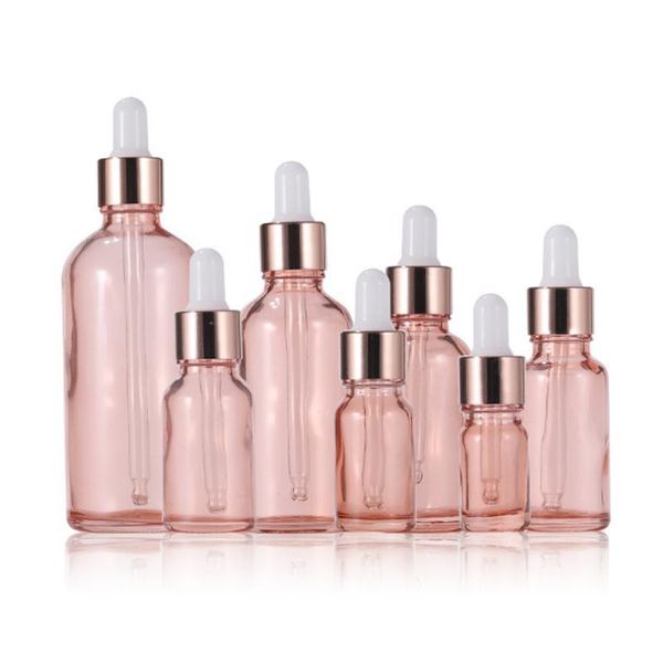 Großhandel Glas-Tropfflaschen 5 ml-100 ml Roségoldkappe, Pipettenflasche für ätherische Öle, E-Flüssigkeits-Tropfflasche