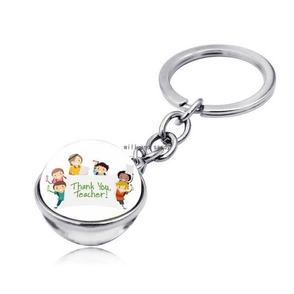 Schlüsselanhänger Happy Teachers Day Glas Cabochon Schlüsselanhänger Brief Lehrer Ball doppelseitig Zeit Edelstein Ring Handtasche hängt Modeschmuck Wi Dhtyu