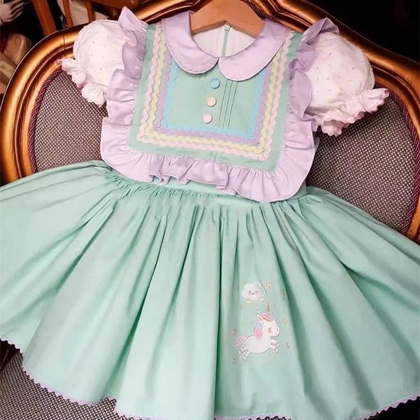 Kız Elbiseleri 0-12y Bebek Kız Yaz Açık Yeşil Unicorn Nakış Türk Vintage Lolita Prenses Elbise Doğum Günü Tatili Günlük Eid 230615