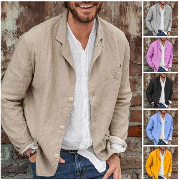 Erkek gündelik gömlekler bahar sonbahar erkekler düz renkli blazers uzun kollu ince keten erkek takım elbise ceket ceketleri s3xl 230615