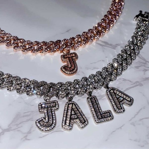 Pendant Necklaces Personalized Baguette Crystal Letters Name Bracelet for Women Men Rhombus Prong Cuban Link Chain Initials Bracelets Gift Jewelry 230613