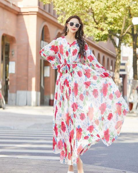 Roupas Étnicas Verão Flor Estampado Moda Praia Férias Viagens Maxi Vestido Decote em V Manga Cheia Bohemian Po Muslim Abaya Seaside Longo