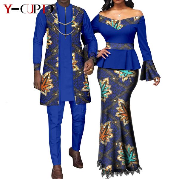 Roupas étnicas Casal Africano Combinando Roupas para Casamento Bazin Riche Mulheres Estampadas Top e Conjuntos de Saias de Renda Dashiki Homens Conjuntos de 3 Peças Y22C088 230615