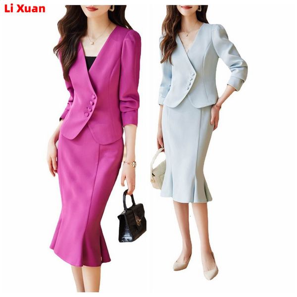 İki parçalı elbise yüksek kaliteli bahar kalem etek blazer set kıyafetler kadın resmi iş Koreli kadın ofis bayanlar iş ceketi 2preep takım elbise 230615