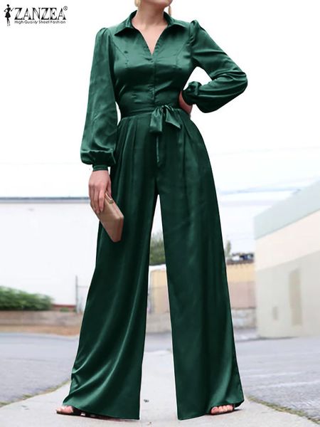 Salti da donna Romper Zanzea Women Fashion Satin Suitsuits Streetwear Giro-Down Collaro Cravatta per manica a soffio Long Rompers Lungo spostamento della gamba larga 230615