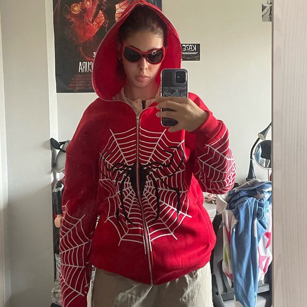 Moletons femininos com capuz inverno gótico com zíper vermelho com capuz casacos femininos com estampa de teia de aranha casual jaquetas de manga longa Y2k Harajuku punk streetwear moletom 230615