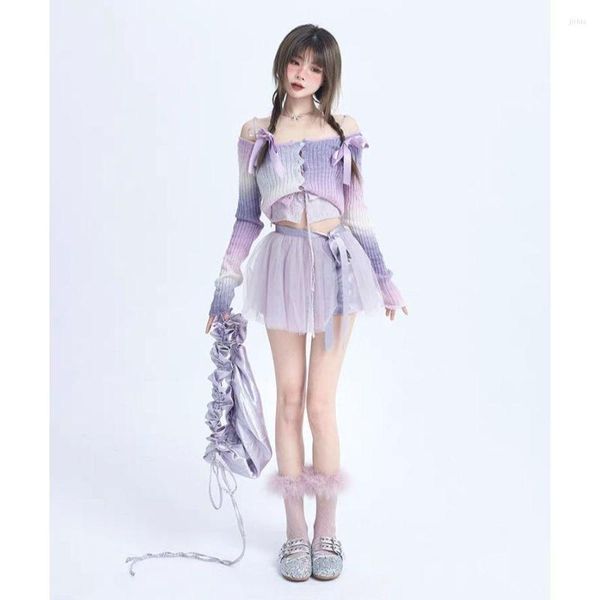 Abiti da lavoro Estate Donna Gonne Set Ballet Girl Style Gradient One Line Neck Top in maglia Viola Mesh Princess Fluffy Short Skirt Two Piece