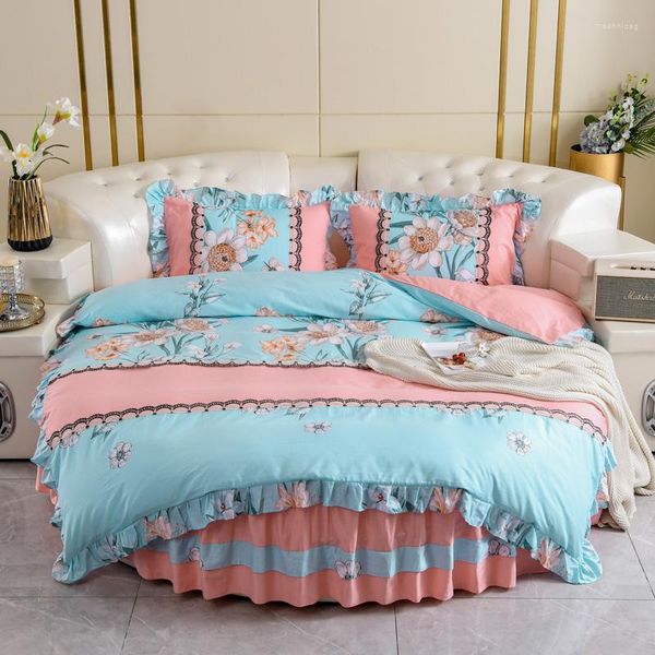 Conjuntos de cama 4 pçs/conjunto para cama redonda de algodão plissado fronha capa de edredom lençol com elástico colchas 200 cm 220 cm