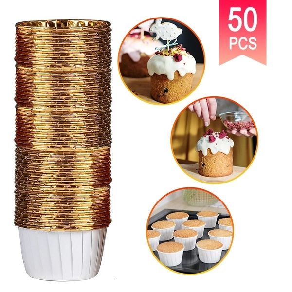 Formas de Assar 50 unidades Grande Copo de Papel para Cupcake à Prova de Óleo Bandeja Caixa Caixas para Festa de Casamento Embalagem de Muffin Dourado 230616