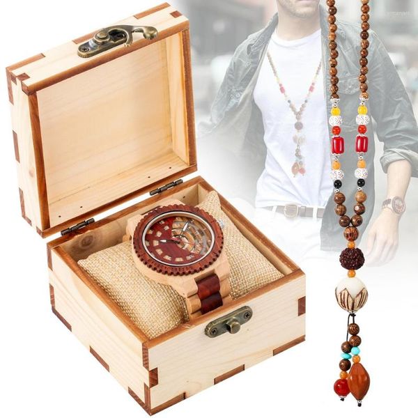 Armbanduhren Vintage Herren Quarz-Armbanduhr Holzperlen Halsketten mit Box Holz Uhr Halskette Set für Männer Geschenk Ehemann Freund Papa