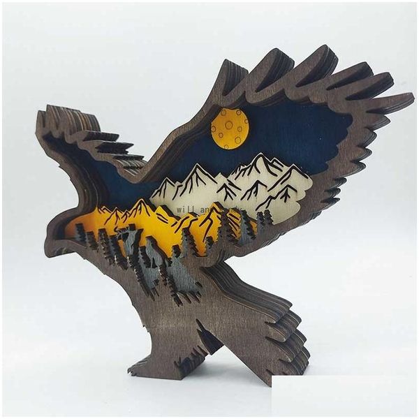 Kunst und Kunsthandwerk 3D-Laserschnitt Vogel Adler Handwerk Holzmaterial Wohnkultur Geschenk Kunst Waldtier Tischdekoration Statuen Drop Lieferung Dhjld